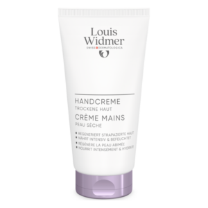 Handcreme für trockene Haut in weißer Tube mit lila Boden und Informationen zur Anwendung auf der Vorderseite.