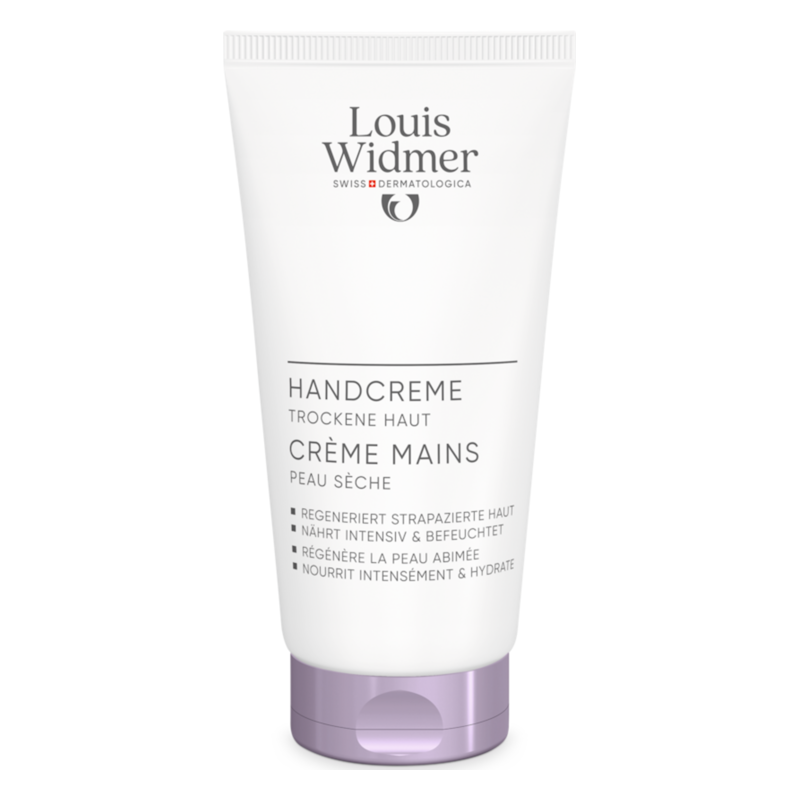 Handcreme für trockene Haut in weißer Tube mit lila Boden und Informationen zur Anwendung auf der Vorderseite.