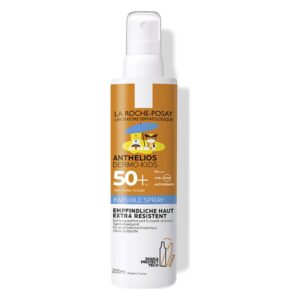 Sonnenspray für Kinder mit hoher Lichtschutzfaktor 50+, wasserfest und für empfindliche Haut geeignet.