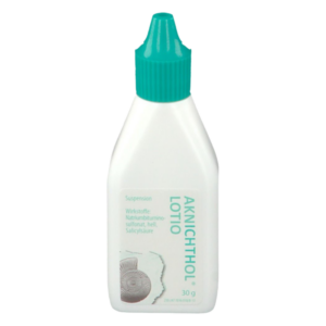 Flasche mit Aknichthol Lotio, einer Suspension mit Wirkstoffen für die Hautpflege, grüner Deckel, 30 g.