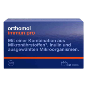 Verpackung von Orthomol immun pro, einem Nahrungsergänzungsmittel mit Mikronährstoffen und Inulin.