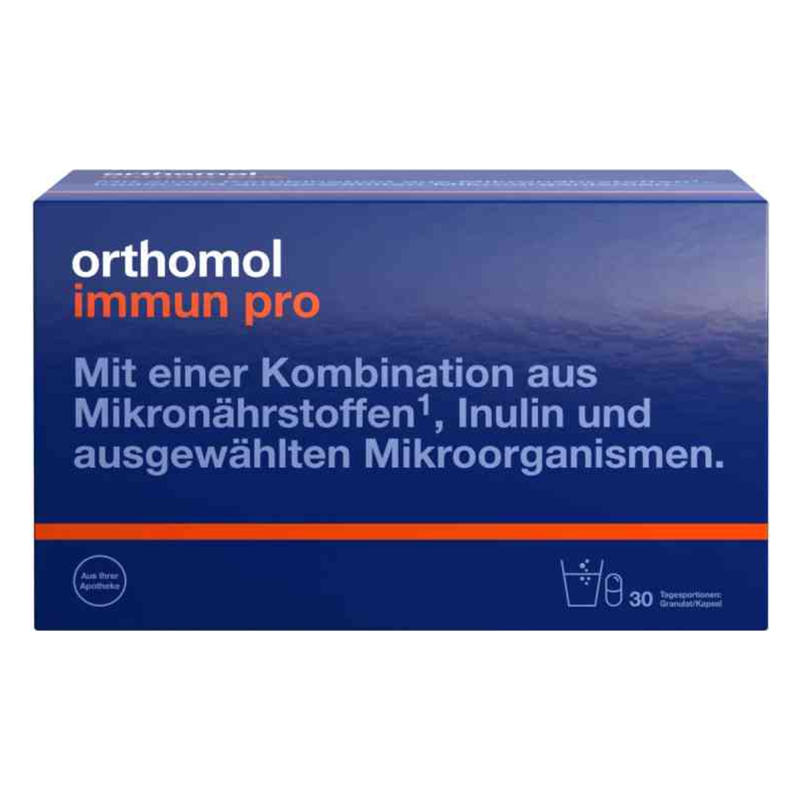 Verpackung von Orthomol immun pro, einem Nahrungsergänzungsmittel mit Mikronährstoffen und Inulin.