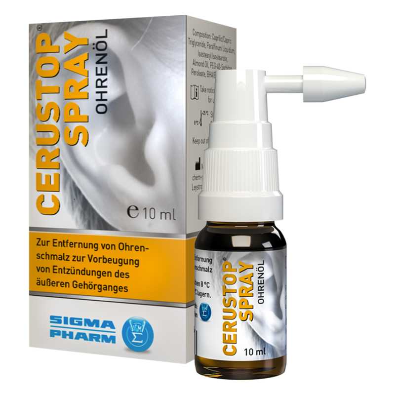Flasche mit Cerustop Spray zur Entfernung von Ohrenschmalz, inklusive Anwendungsanweisungen und Inhaltsstoffen.