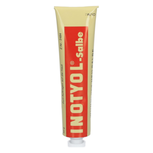 Tube Inotyol-Salbe in einer gelben Verpackung mit rotem Aufdruck, zur Anwendung auf der Haut.