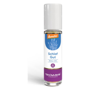 Roll-on Flasche mit Schlaf Gut Aromamischung, Demeter-zertifiziert und in Bio-Qualität, mit lavendelartigem Design.