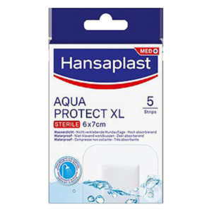 Hansaplast Aqua Protect XL sterile Wundauflage, wasserfest, 6x7 cm, in schlanker Verpackung mit Wasser-Symbol.