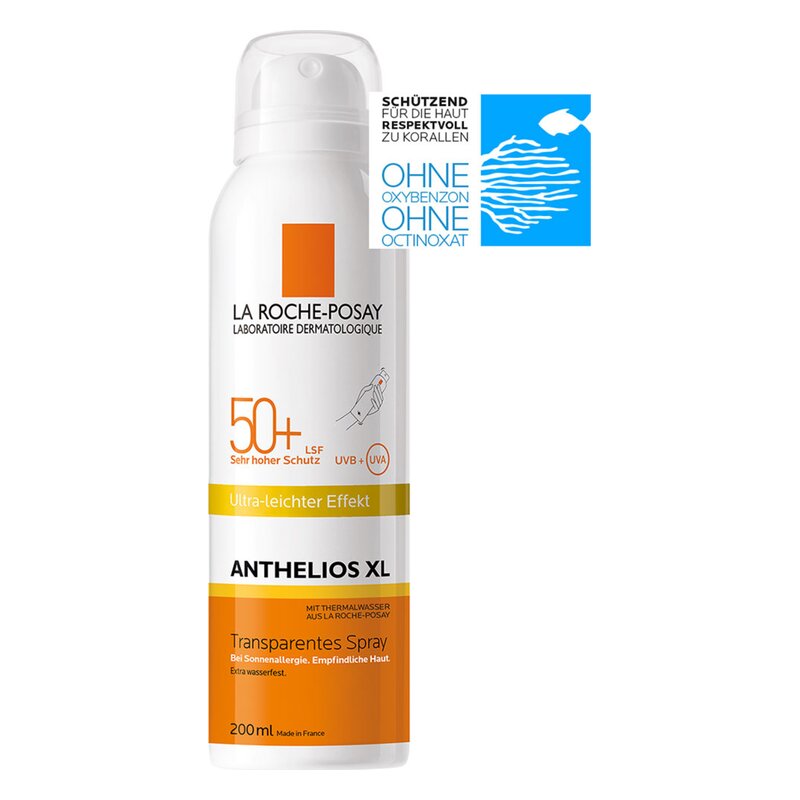 Transparentes Sonnenspray von La Roche-Posay mit LSF 50+, für empfindliche Haut und Wasserschutz.