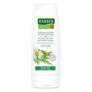 Weißer Flasche mit Pflegespülung von Rausch, Schweizer Kräuter, mit Pflanzenabbildungen und Informationen zur Anwendung.