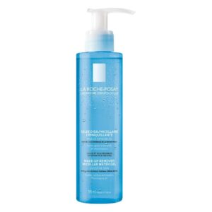 Blaues Fläschchen mit Pumpspender für micellares Wasser von La Roche-Posay, geeignet für empfindliche Haut.