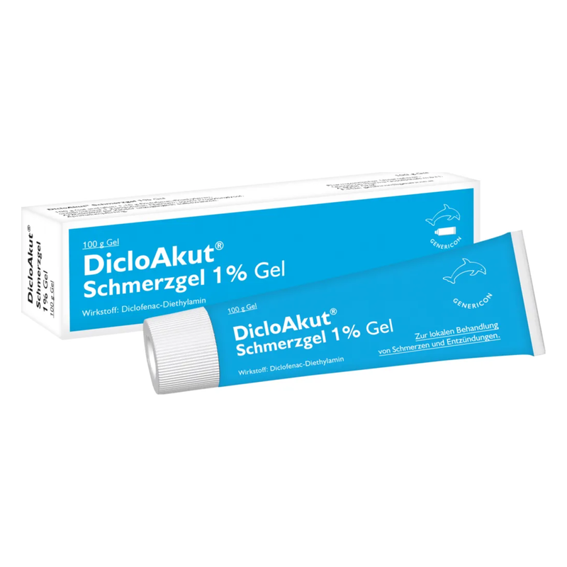 Tube mit DicloAkut Schmerzgel 1% und Verpackung, zur lokalen Behandlung von Schmerzen.
