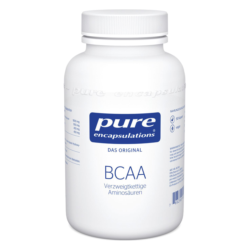 Weißer Kunststoffbehälter mit Schraubverschluss, beschriftet mit 'BCAA' und Informationen zu verzweigtkettigen Aminosäuren.