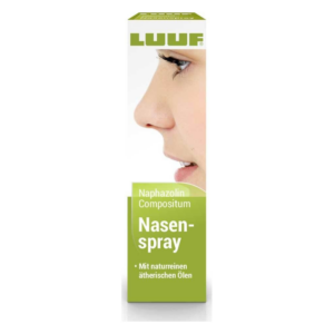 Pakung eines Nasensprays mit der Aufschrift "Naphazolin Compositum" und einem Bild einer Frau im Profil.
