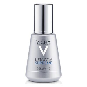 Silberner Flakon des Vichy Liftactiv Supreme Serums mit versiegeltem Pumpdeckel und blauer Schrift.