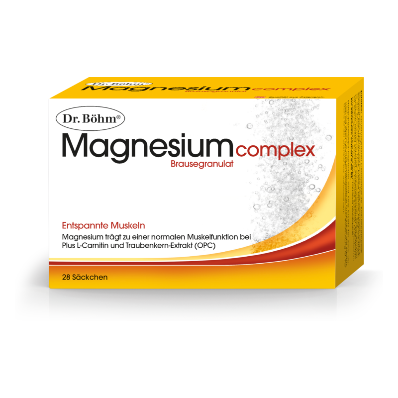 Packung mit Magnesiumkomplex Brausegranulat, enthält 28 Beutel, betont Muskelentspannung und zusätzliche Inhaltsstoffe.
