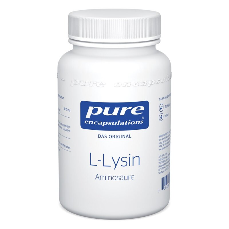 Weißer Behälter mit Schraubverschluss, beschriftet mit "pure L-Lysin" und "Aminosäure", 500 mg.