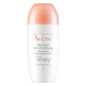 Roll-on-Deodorant von Avène in weißer Verpackung mit einem rosafarbenen Deckel, ohne Alkohol und Aluminium.