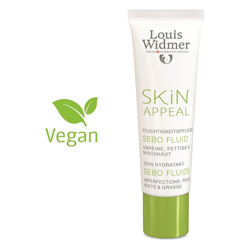 Tubenverpackung von 'SKiN APPEAL SEBO FLUID' für feuchtigkeitsreiche Pflege, vegan, geeignet für unreine und fettige Haut.
