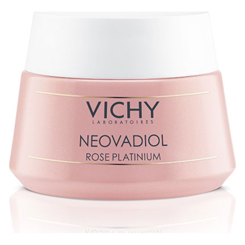 Rosa Creme-Behälter mit weißem Deckel von Vichy, beschriftet mit NEOVADIOL ROSE PLATINIUM.