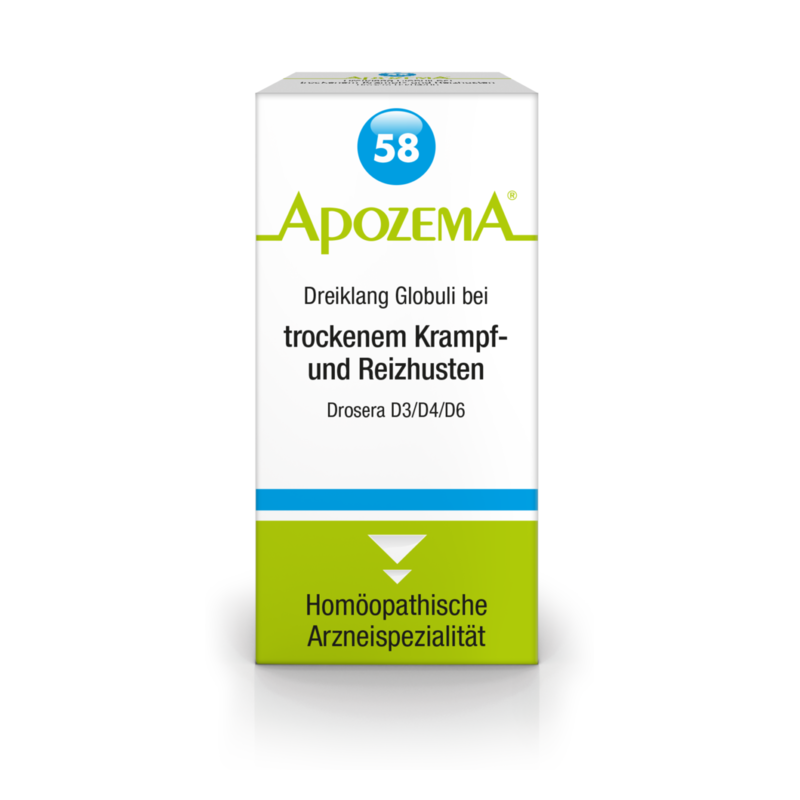 Verpackung der Apozema Dreiklang Globuli zur Behandlung von trockenem Krampf- und Reizhusten, mit blauem und grünen Design.