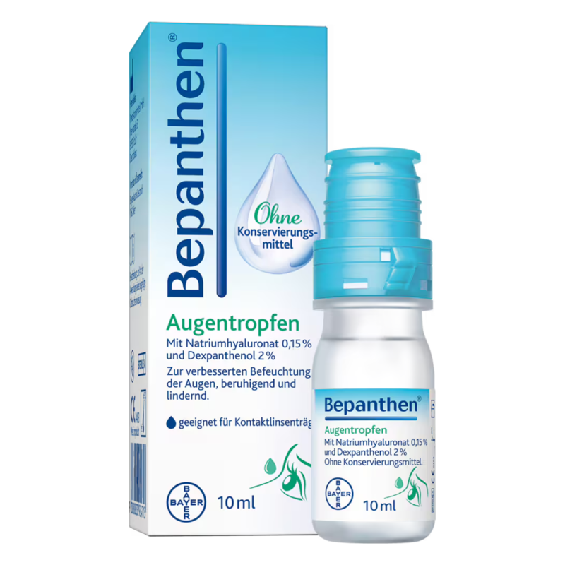 Bepanthen Augentropfen in einer transparenten Flasche mit blauem Sprühkopf, verpackt in einer blauen und weißen Box.