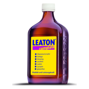 Braune Flasche mit gelbem Etikett, die Wirkstoffe wie Ginkgo und Ginseng bewirbt, für Vitalität und Leistungsfähigkeit.