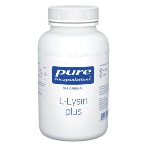 Weißer Kunststoffbehälter mit blauer Beschriftung, enthält L-Lysin plus von Pure Encapsulations.