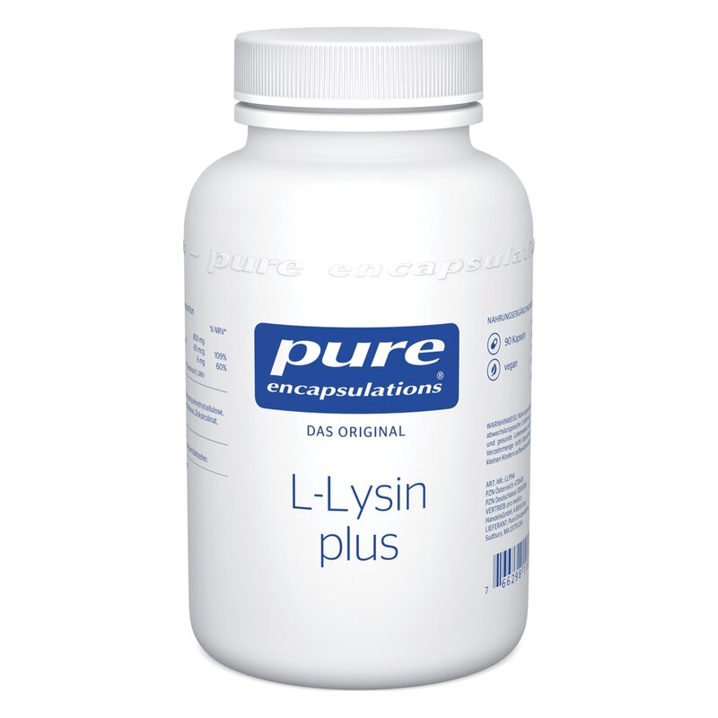 Weißer Kunststoffbehälter mit blauer Beschriftung, enthält L-Lysin plus von Pure Encapsulations.