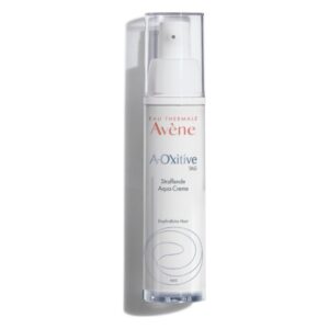 Flasche mit straffender Aqua-Creme von Avène, weiße Verpackung mit Pumpspender und leicht transparentem Verschluss.