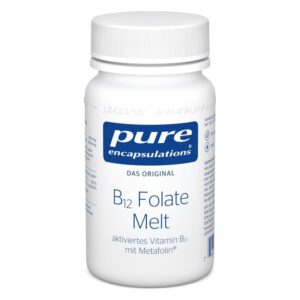 Weißes Kunststoffbehältnis mit blauem Etikett, das aktiviertes Vitamin B12 enthält, mit Schraubverschluss.