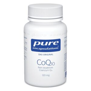Weißer Flaschenbehälter mit Schraubverschluss, beschriftet mit 'pure encapsulations CoQ10 120 mg'.