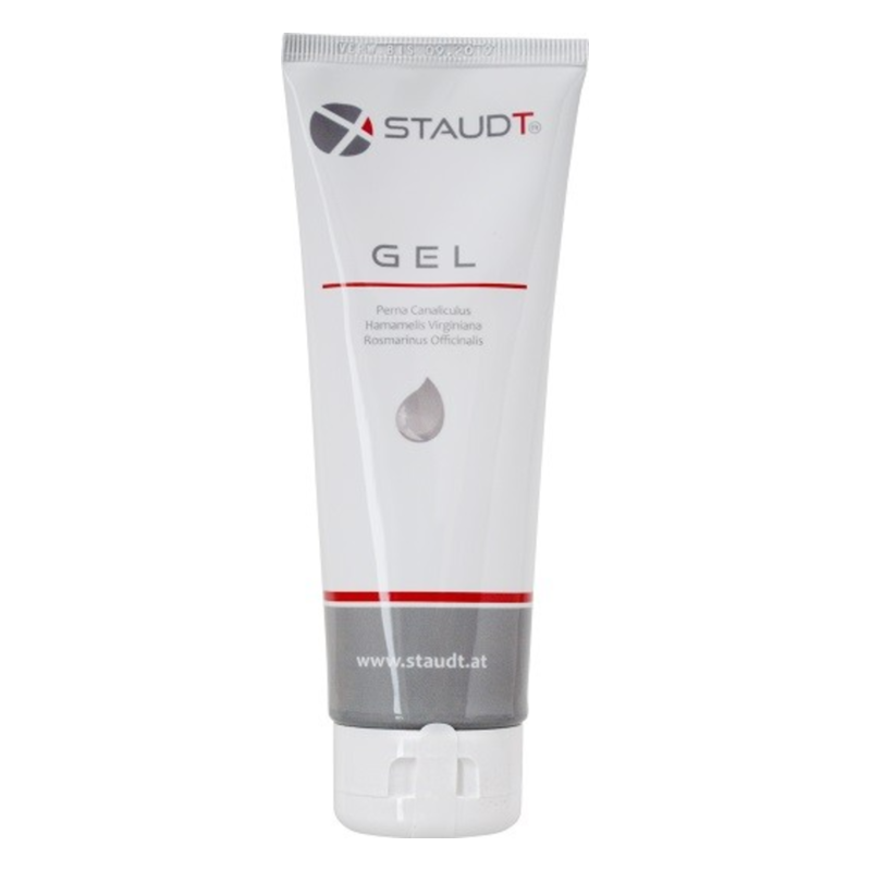 Weiße Tube mit einem Gel, das pflanzliche Inhaltsstoffe enthält, mit ausklappbarem Verschluss.