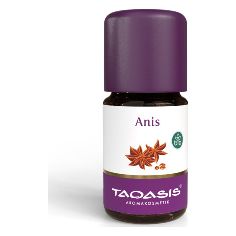Braune Flasche mit lila Kappe, etikettiert mit "Anis", enthält ätherisches Öl, bio-zertifiziert.
