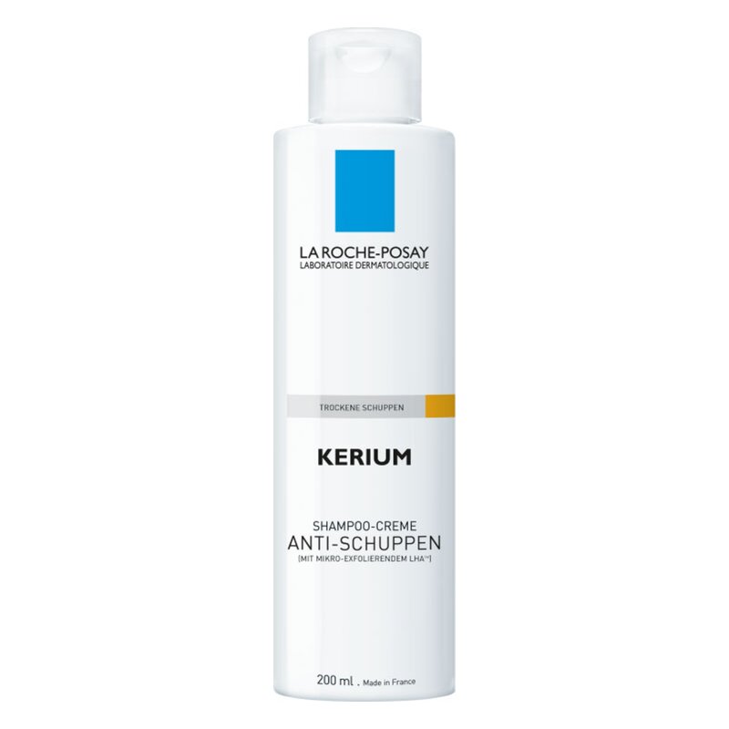 Helle Flasche mit weißem Inhalt, Etikett zeigt die Marke La Roche-Posay und die Produktbezeichnung Kerium. Schuppen-Shampoo für trockene Kopfhaut.