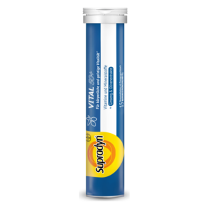 Röhrchen mit Brause-Tabletten für Vitamine und Mineralstoffe, blaues Design, enthält 15 Tabletten