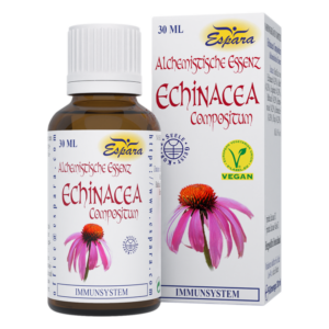 Braune Flasche mit Echinacea-Komposition, Umverpackung zeigt eine Echinacea-Blume und medizinische Angaben.