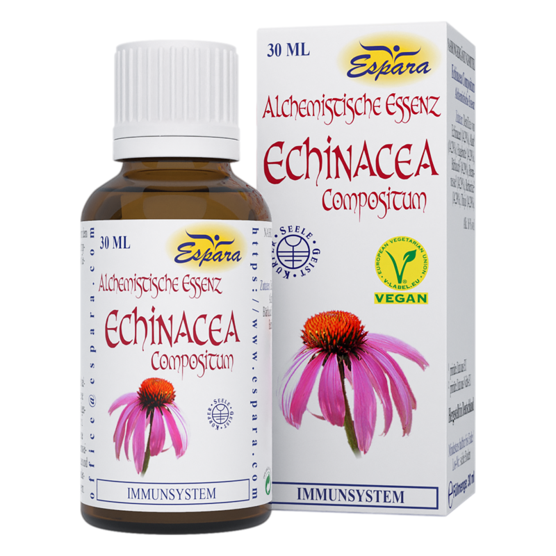 Braune Flasche mit Echinacea-Komposition, Umverpackung zeigt eine Echinacea-Blume und medizinische Angaben.