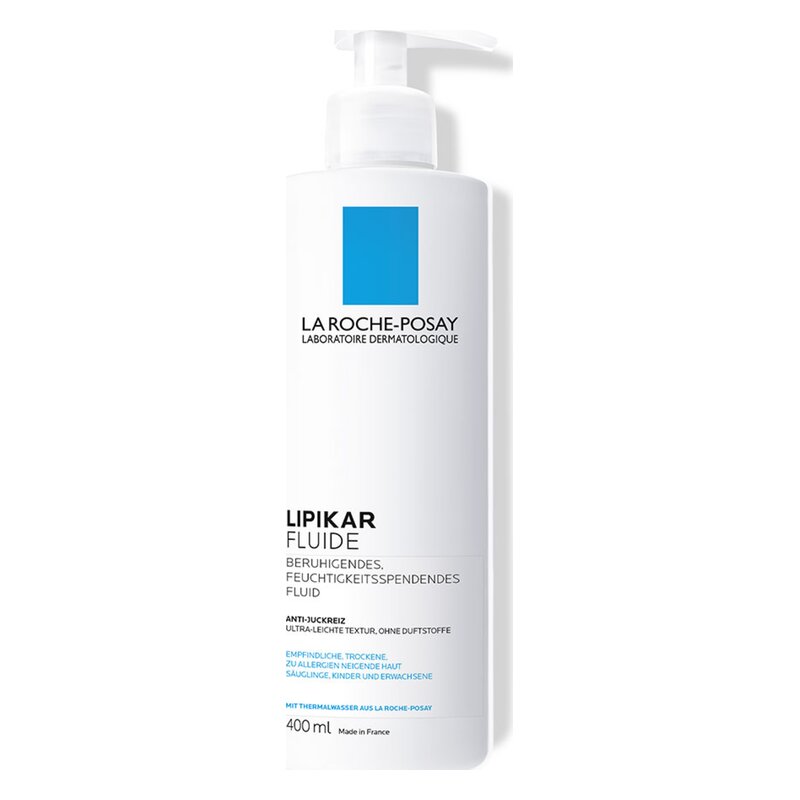 Flasche mit beruhigendem, feuchtigkeitsspendendem Fluid von La Roche-Posay, 400 ml, mit Pumpspender.