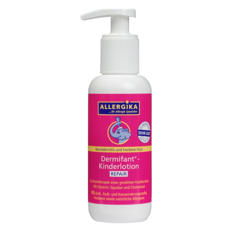 Flasche mit Dermifant® Kinderlotion von Allergika, rosa Etikett, Pumpe, für empfindliche Haut.