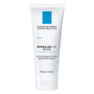 Röhrenpackung mit der Feuchtigkeitscreme Rosaliac UV Riche von La Roche-Posay, schützt gegen Rötungen und bietet LSF 15.