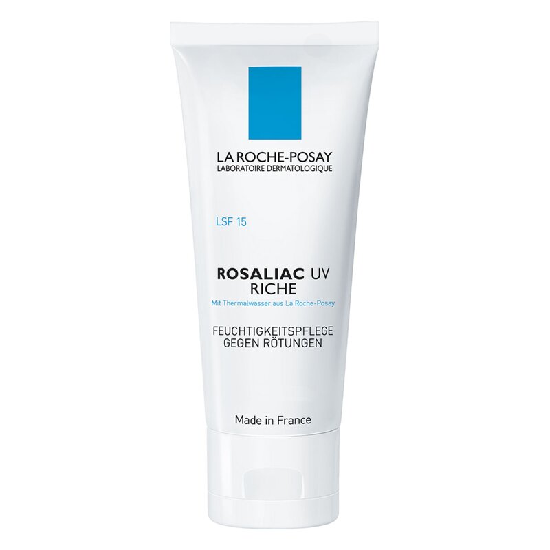 Röhrenpackung mit der Feuchtigkeitscreme Rosaliac UV Riche von La Roche-Posay, schützt gegen Rötungen und bietet LSF 15.