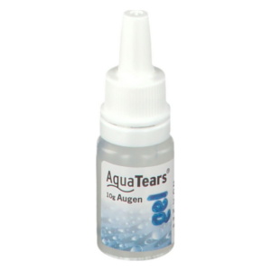 Flasche mit Augen-Gel AquaTears, 10g, mit weißem Verschluss und transparentem Inhalt.