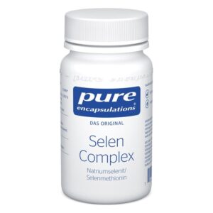Eine weiße Flasche mit Schraubverschluss, die Selen Complex von Pure Encapsulations enthält.
