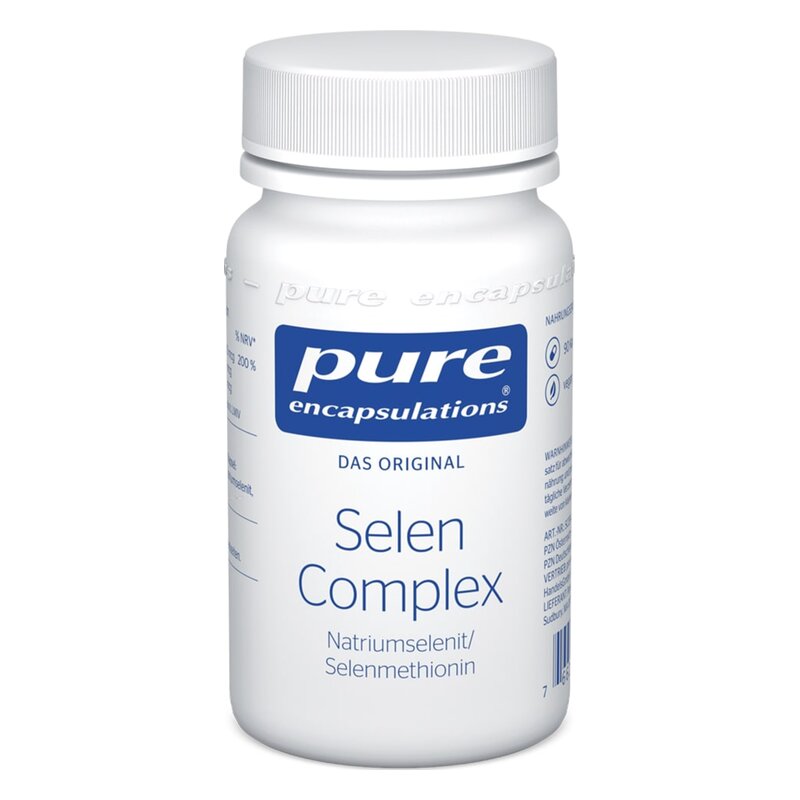 Eine weiße Flasche mit Schraubverschluss, die Selen Complex von Pure Encapsulations enthält.