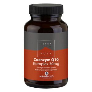 Brauner Glasbehälter mit schwarzem Deckel, etikettiert mit 'Coenzym Q10 Komplex 30mg', enthält 50 veget. Kapseln.