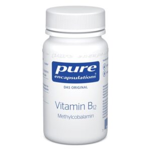 Weißer Kunststoffbehälter mit Schraubverschluss, beschriftet mit Vitamin B12 und Methylcobalamin.