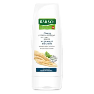 Flasche Rausch Ginseng-Coffein-Spülung mit Hinweis auf Haarausfall, angenehmes, funktionales Design, helles Etikett.