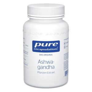 Weißer Kunststoffbehälter mit Schraubverschluss, gekennzeichnet mit 'Ashwagandha', Pflanzen-Extrakt von pure encapsulations.