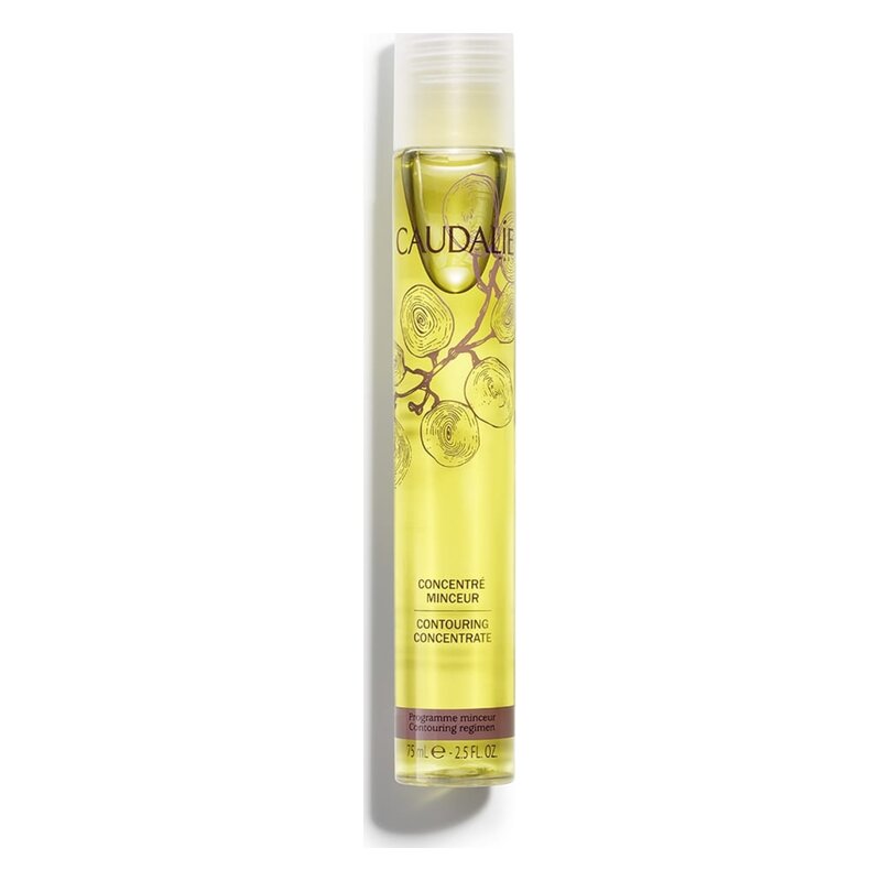 Flasche mit gelblichem Konzentrat, beschriftet als "Concentré Minceur" von Caudalie, transparent mit Schraubverschluss.
