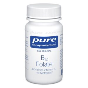 Weißer Flakon mit Schraubverschluss, beschriftet mit "B12 Folate, aktiviörtes Vitamin B12 mit Metafolin".