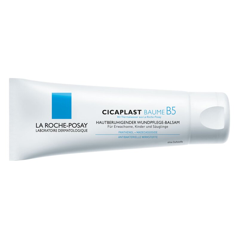 Tube mit Cicaplast Baume B5, einem hautberuhigenden Wundpflege-Balsam von La Roche-Posay, für empfindliche Haut.